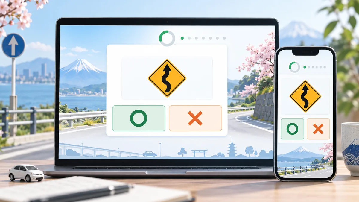 Concept illustration of Japan driving licence mock questions on a laptop and phone