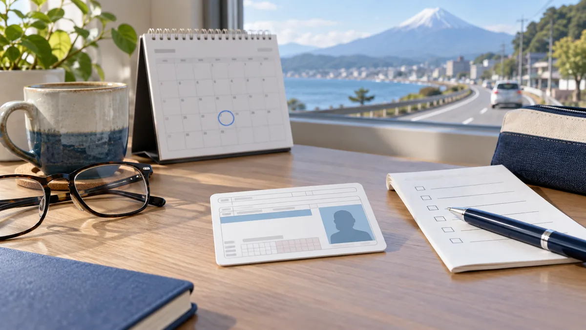 Calendar, generic driver card, eyeglasses and checklist for a Japanese driving licence renewal