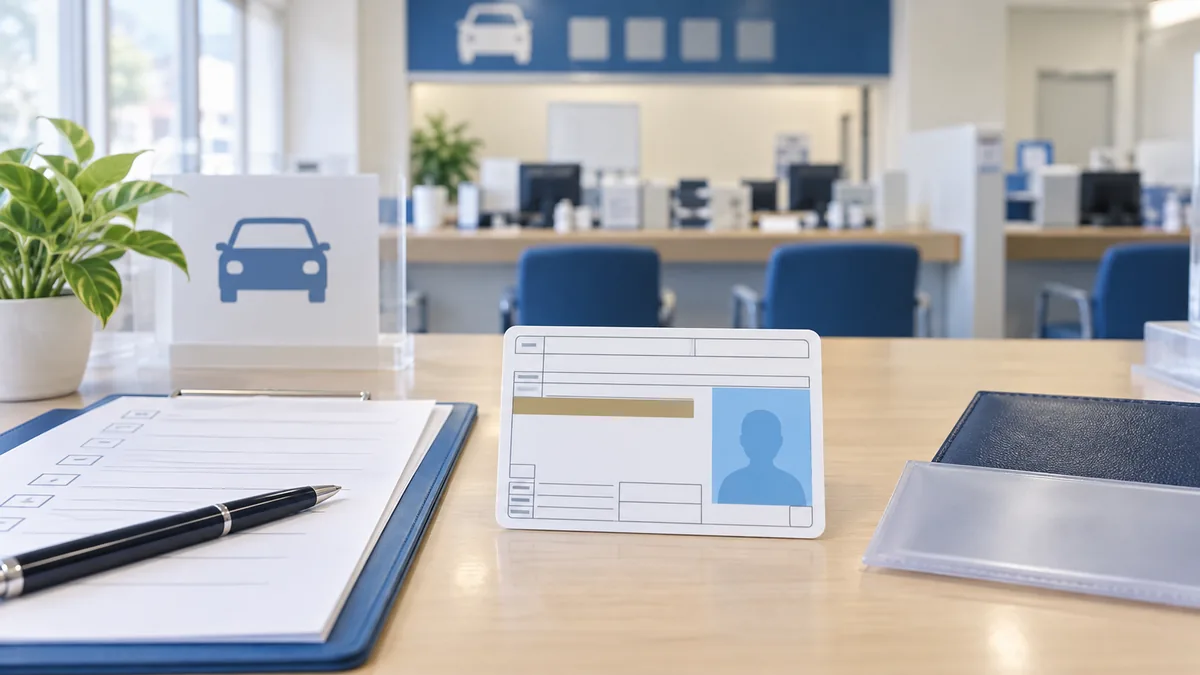 Illustration of a replacement checklist and generic driver card at a service desk