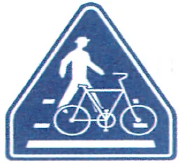 Japanese licence-test illustration: Blue square sign with pedestrian + bicycle